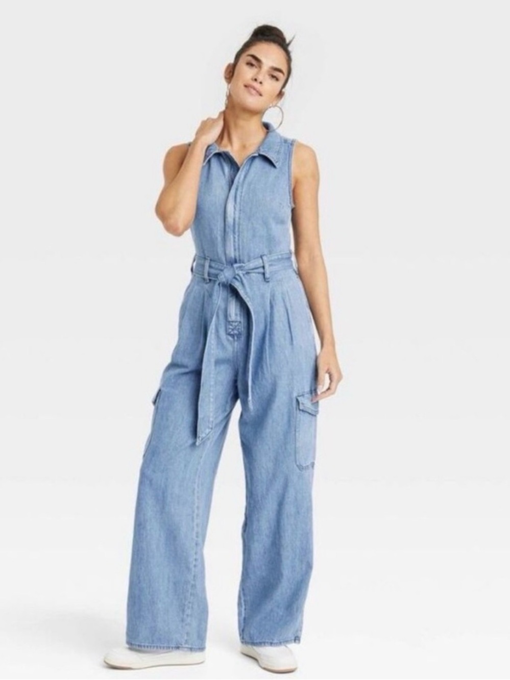 Universal Thread Light Blue Sleeveless Denim Jumpsuit with Tie Waist